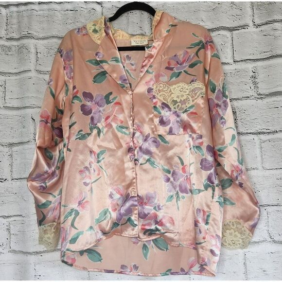 Vintage Gold Label Victorias Secret Floral Button Up Nylon Pajama Top Womens S - Picture 1 of 8